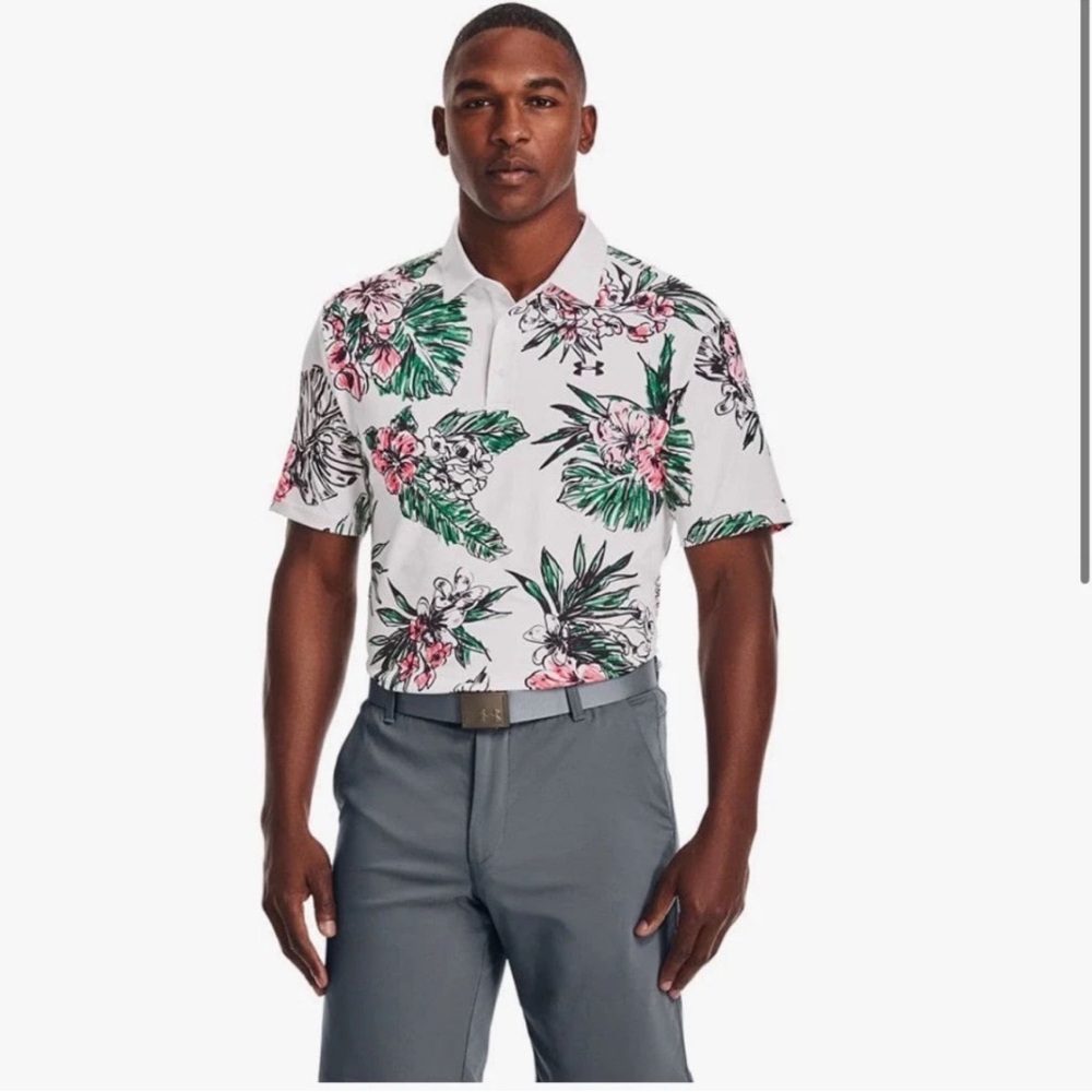 Under Armour Men’s White Floral Polo with Green and Pink Accents